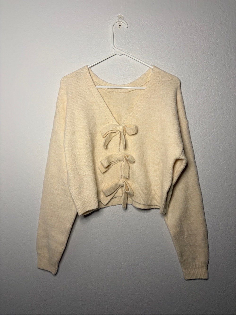 MABLE Cream Bow Front Faux Cardigan Sweater Small